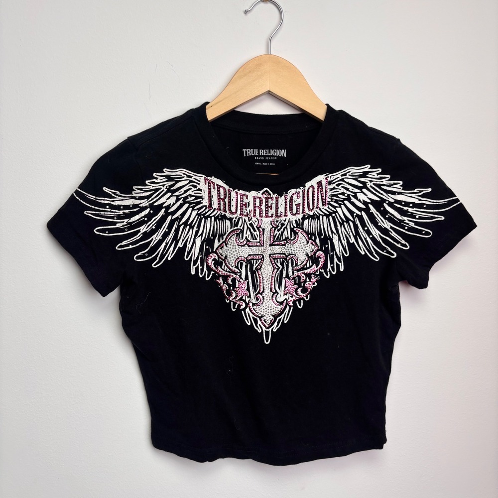 True Religion Rhinestone Wing Cross Baby Tee XS Black Y2K Bling Graphic Shirt
